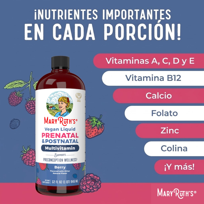 Multivitaminico Prenatal y Postnatal Sabor Frutos Rojos, Liquido 946 ml (32 fl oz), Mary Ruth´s