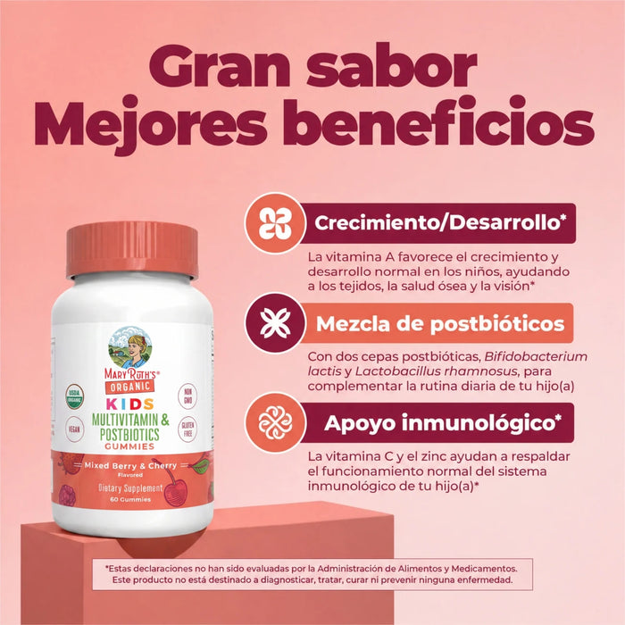 2X1 Multivitamínico Orgánico + Postbioticos para Niños sabor Fresa (60 gomitas), MaryRuth's