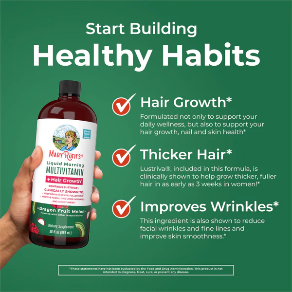 Multivitaminico Matutino + Crecimiento del Cabello Sabor Pitaya-Melon, Liquido (30 oz/ 887 ml), Mary Ruth´s