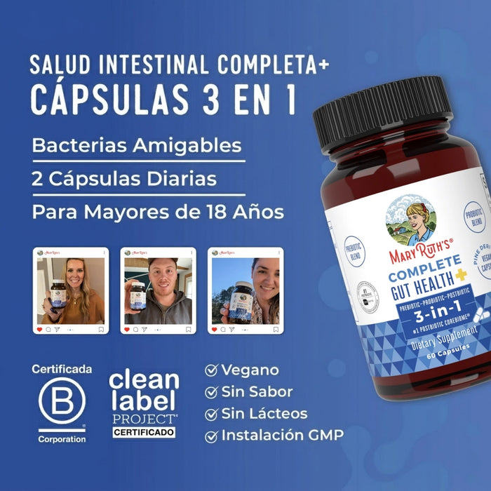 3 en 1 Salud Intestinal Completa, Prebiotico Probiotico y Postbiotico (60 capsules), Mary Ruth's
