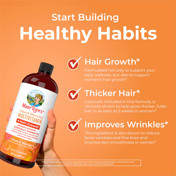 Multivitaminico Matutino + Crecimiento del Cabello sabor Durazno-Mango, Liquido (15.22 fl oz), Mary Ruth´s