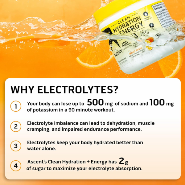 Electrolitos Clean de Hidratacion + Energía Sabor Naranja Mango (8.32 oz / 236 g), Ascent