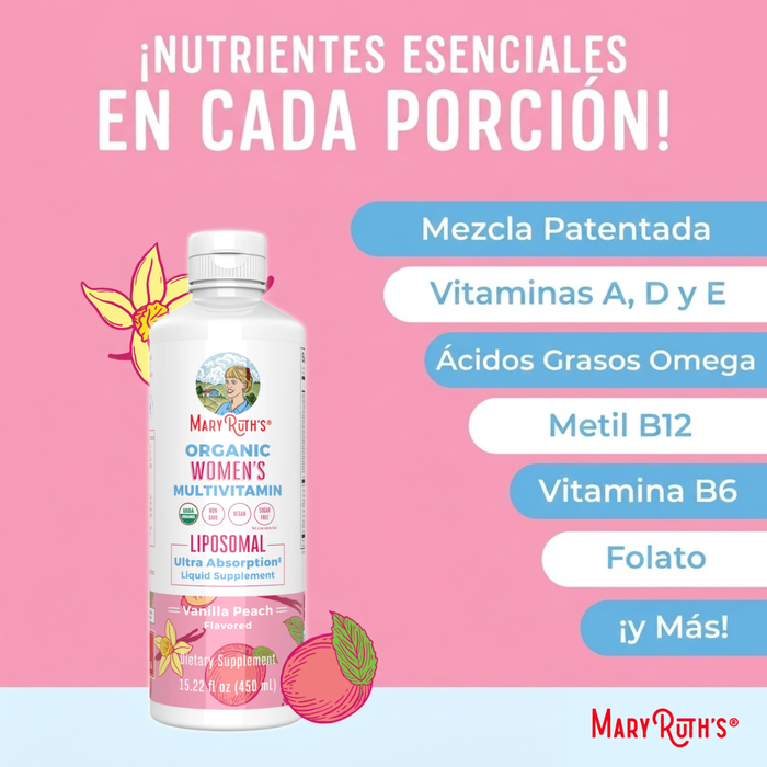 Multivitaminico Liposomal Organico para Mujeres Sabor Vainilla Durazno 450 ml (15.22 fl oz), Mary Ruth's