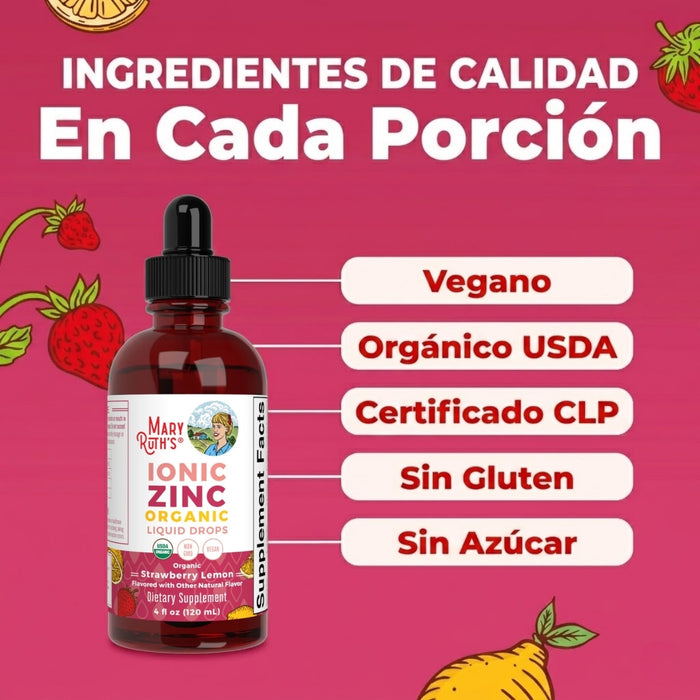 Zinc Ionico Sabor Fresa Limon, Liquido 120 ml (4 fl oz), Mary Ruth's