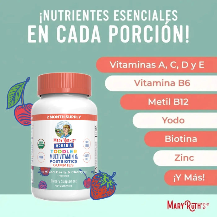 Multivitaminico y Postbiotico para Niños, Sabor Moras y Cereza (60 gomitas), Mary Ruth´s