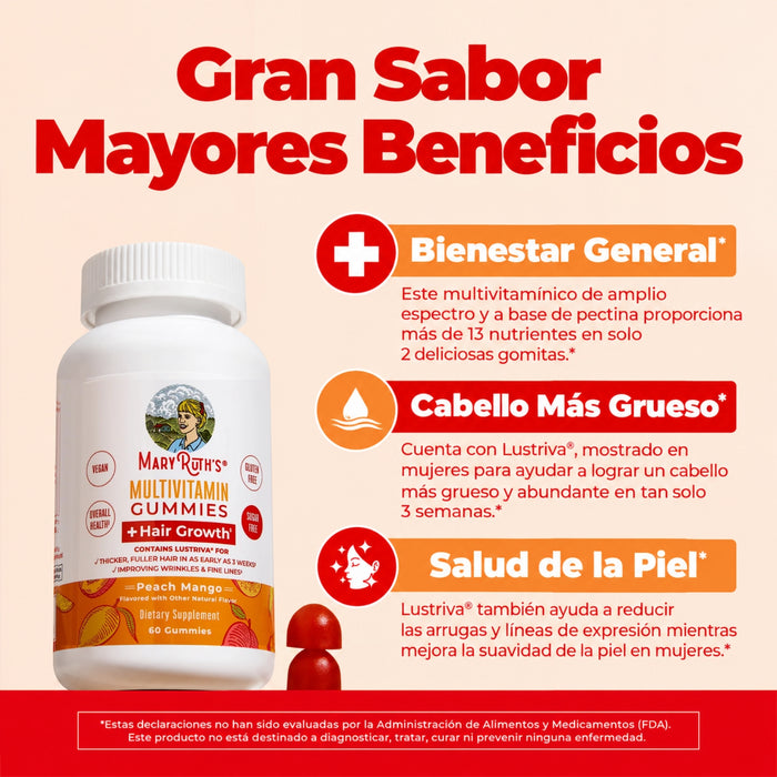 Multivitamínico + Crecimiento del Cabello Sabor Mango-Durazno (60 gomitas), MaryRuth's