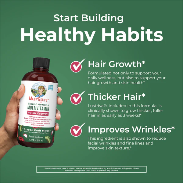 Multivitaminico Matutino + Crecimiento del Cabello Sabor Pitaya-Melon, Liquido (15.22 oz/ 450 ml), Mary Ruth´s