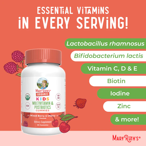 Kids Organic Multivitamin + Postbiotic Gummies/kids multi + posbiotic organic gummies/60 Mary Ruths Gummies