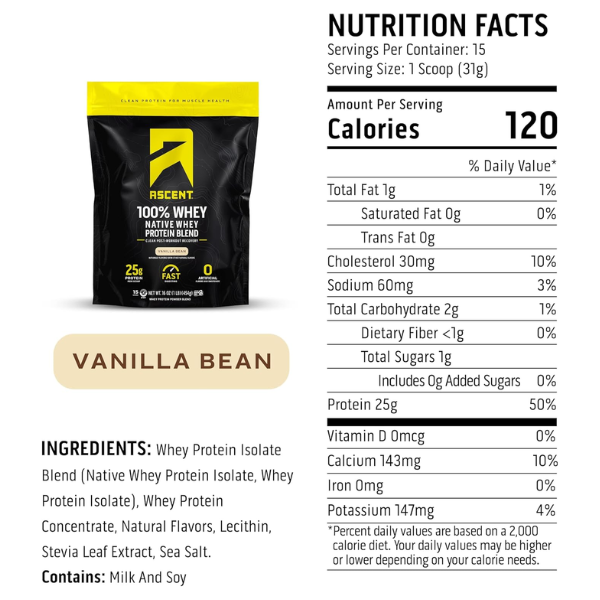 Proteína de Whey Sabor Vainilla (1 lb 454 g), Ascent