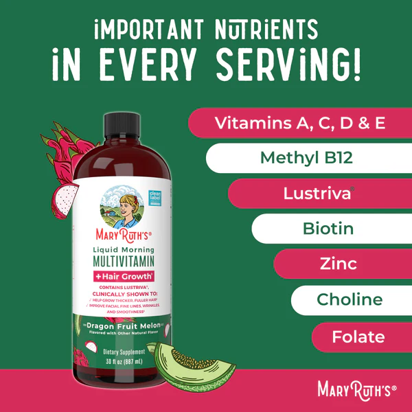 Multivitaminico Matutino + Crecimiento del Cabello Sabor Pitaya-Melon, Liquido (30 oz/ 887 ml), Mary Ruth´s