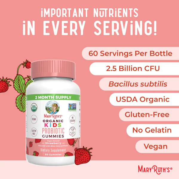 Probioticos Organicos para Niños Sabor Fresa (60 gomitas), Mary Ruth´s