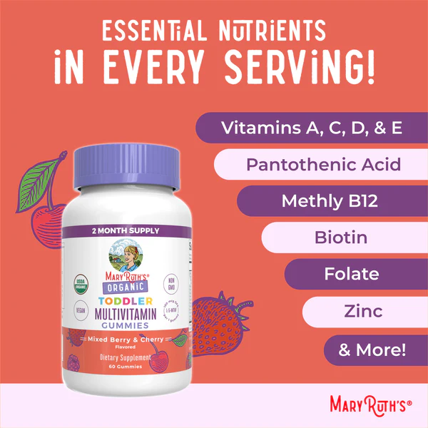 Multivitaminico Organico para niños sabor Bayas Mixtas y Cereza (60 gomitas), Mary Ruth´s