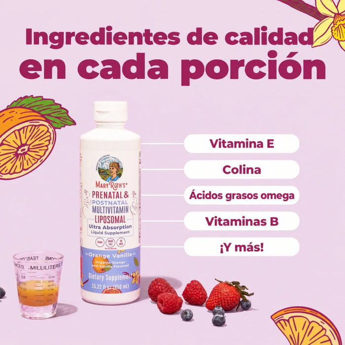 2X1 Multivitamínico Liposomal Prenatal y Postnatal Sabor Naranja Vainilla, Liposomal 450 ml (15.22 fl oz), MaryRuth's