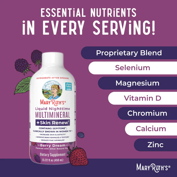 Multimineral Nocturno + Renovacion de Piel Sabor Frutos Rojos, Liquido (15.22oz/450ml), Mary Ruth´s