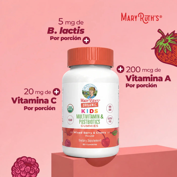 2X1 Multivitamínico Orgánico + Postbioticos para Niños sabor Fresa (60 gomitas), MaryRuth's