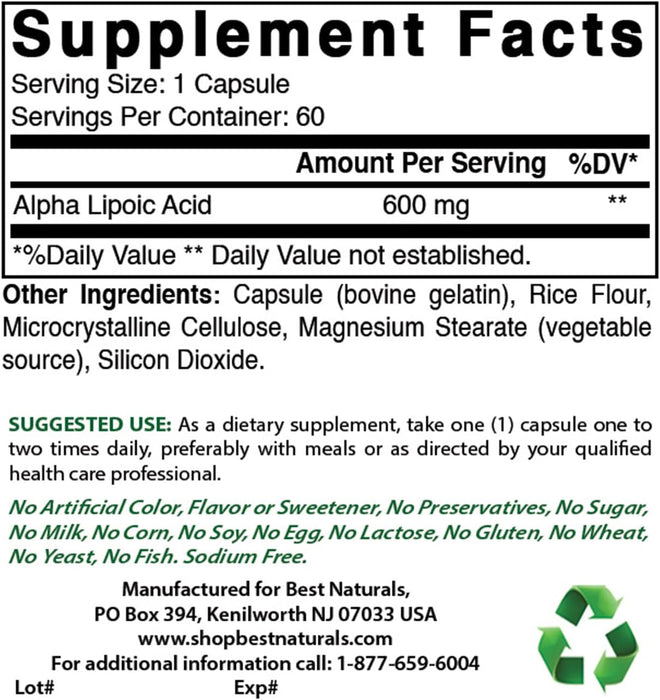Acido Alfa Lipoico 600 mg (60 caps), Best Naturals