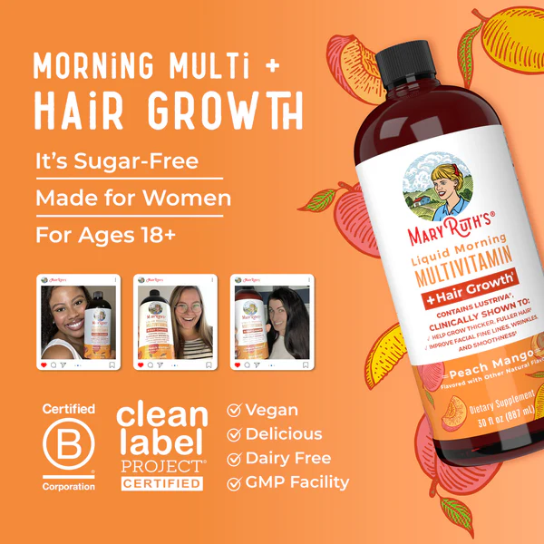 Multivitaminico Matutino + Crecimiento del Cabello sabor Durazno-Mango, Liquido (15.22 fl oz), Mary Ruth´s