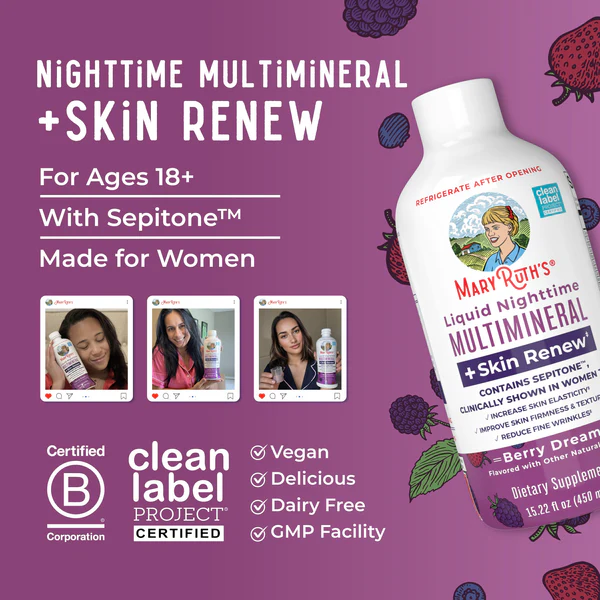 Multimineral Nocturno + Renovacion de Piel Sabor Frutos Rojos, Liquido (15.22oz/450ml), Mary Ruth´s