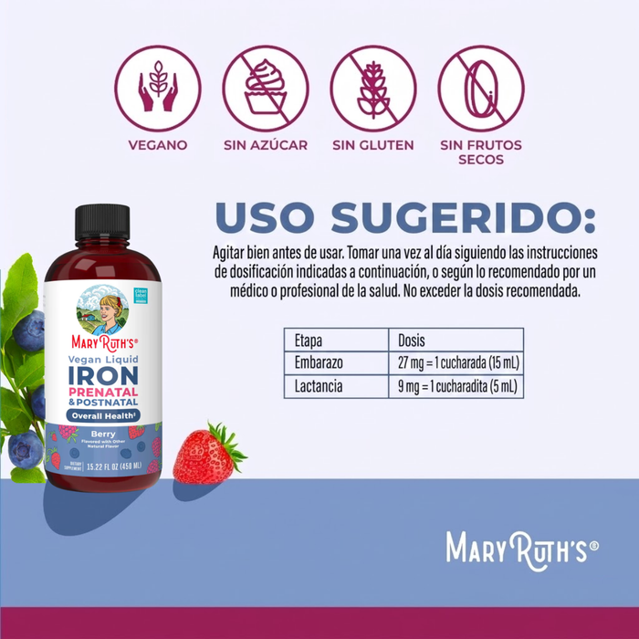 Hierro Prenatal y Posnatal Sabor Frutos Rojos, Liquido 450 ml (15.22 fl oz), Mary Ruth's