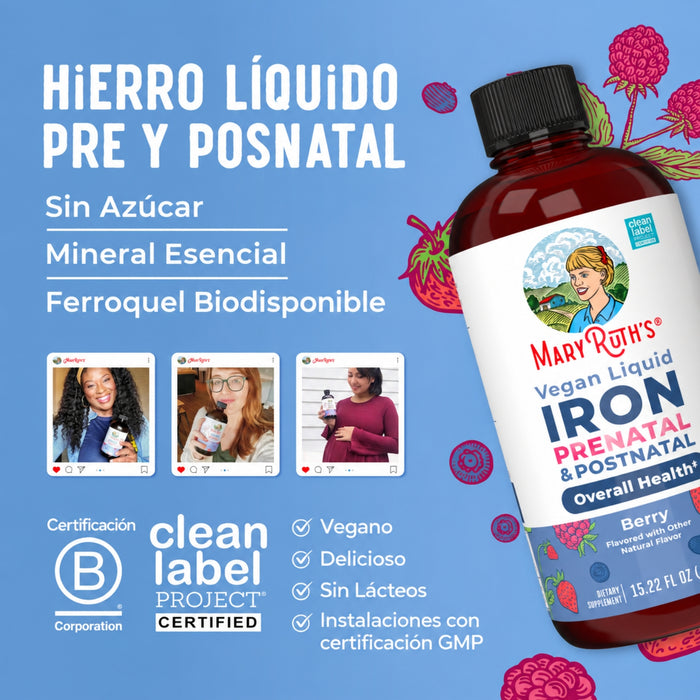 Hierro Prenatal y Posnatal Sabor Frutos Rojos, Liquido 450 ml (15.22 fl oz), Mary Ruth's