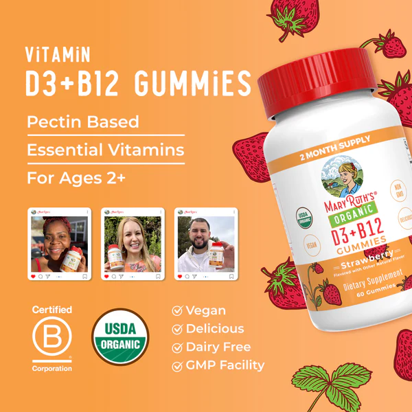 D3+B12 Organico Sabor Fresa (60 Gomitas), Mary Ruth´s