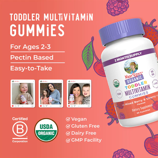Multivitaminico Organico para niños sabor Bayas Mixtas y Cereza (60 gomitas), Mary Ruth´s