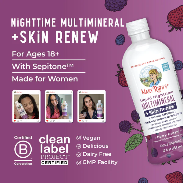 Multimineral Nocturno + Renovacion de Piel Sabor Frutos Rojos, Liquido (30oz/887ml), Mary Ruth´s