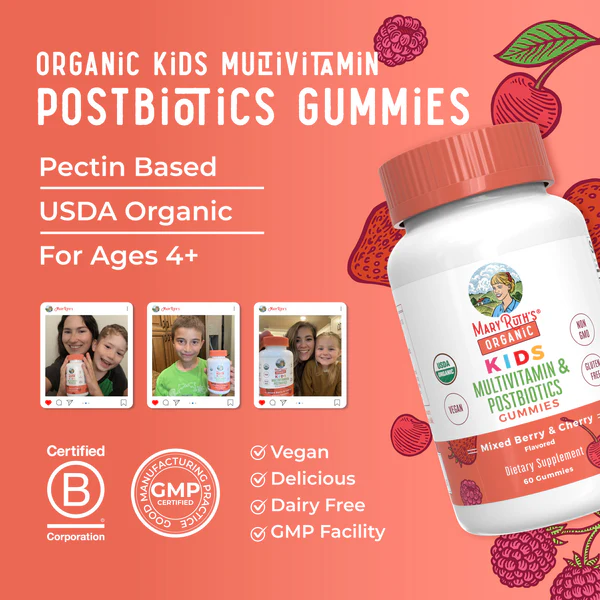 Kids Organic Multivitamin + Postbiotic Gummies/kids multi + posbiotic organic gummies/60 Mary Ruths Gummies