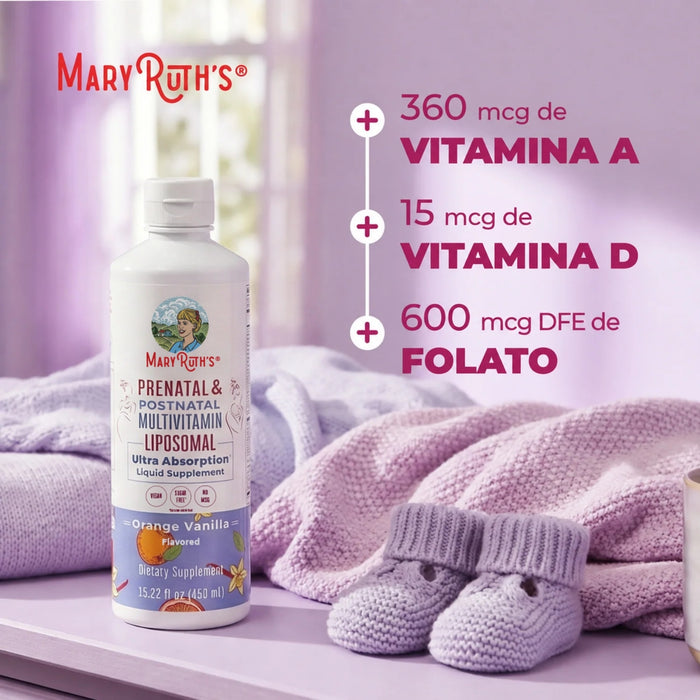 2X1 Multivitamínico Liposomal Prenatal y Postnatal Sabor Naranja Vainilla, Liposomal 450 ml (15.22 fl oz), MaryRuth's