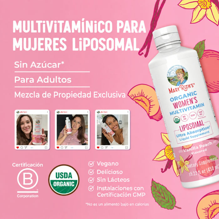 Multivitaminico Liposomal Organico para Mujeres Sabor Vainilla Durazno 450 ml (15.22 fl oz), Mary Ruth's