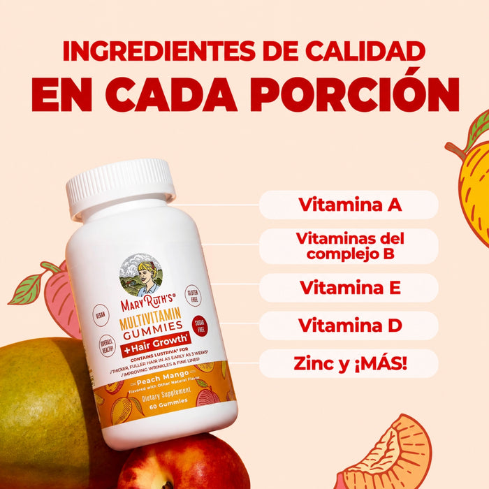 Multivitamínico + Crecimiento del Cabello Sabor Mango-Durazno (60 gomitas), MaryRuth's