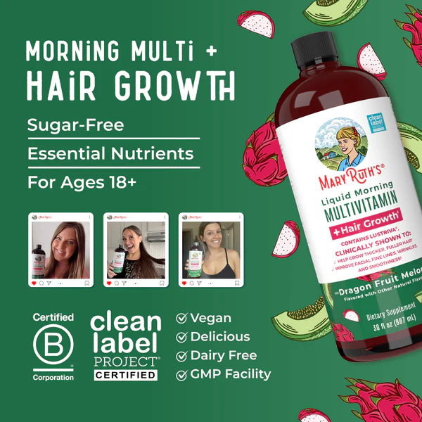 Multivitaminico Matutino + Crecimiento del Cabello Sabor Pitaya-Melon, Liquido (30 oz/ 887 ml), Mary Ruth´s
