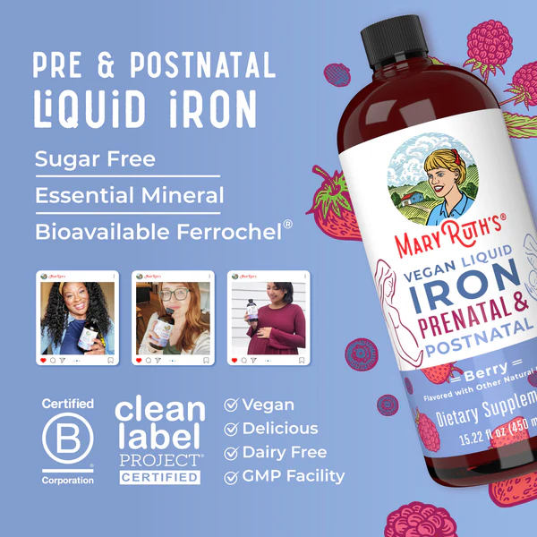 Hierro Prenatal y Posnatal Sabor Frutos Rojos, Liquido (15.22 fl oz/450 ml), Mary Ruth´s