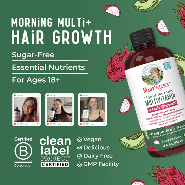 Multivitaminico Matutino + Crecimiento del Cabello Sabor Pitaya-Melon, Liquido (15.22 oz/ 450 ml), Mary Ruth´s