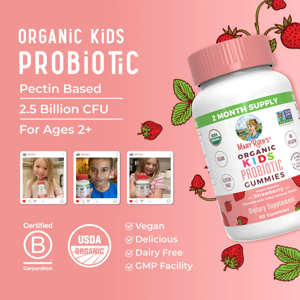 Probioticos Organicos para Niños Sabor Fresa (60 gomitas), Mary Ruth´s