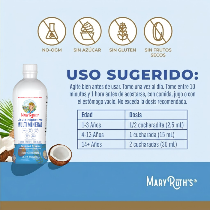 Multimineral Nocturno Sabor Coco, Liquido 450 ml (15.22 fl oz), Mary Ruth's