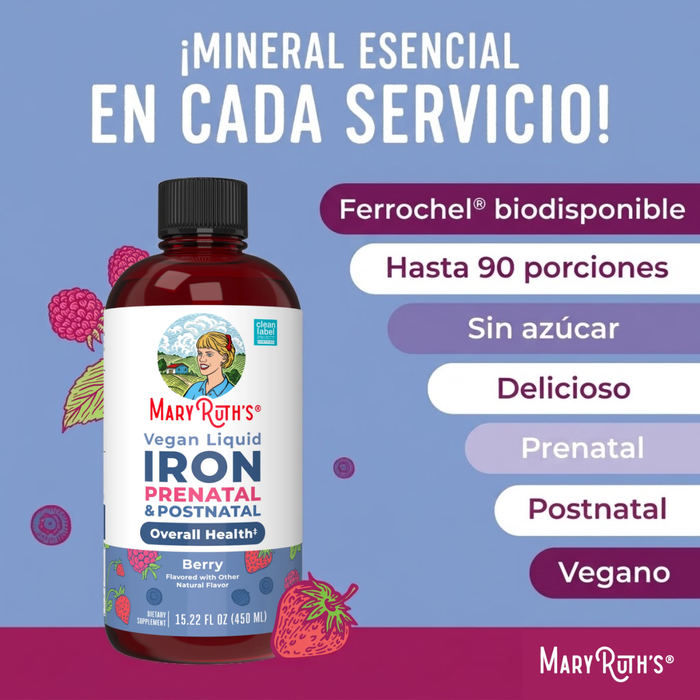 Hierro Prenatal y Posnatal Sabor Frutos Rojos, Liquido 450 ml (15.22 fl oz), Mary Ruth's