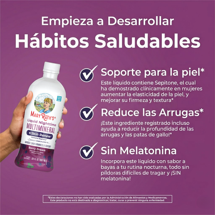 Multimineral Nocturno + Renovacion de Piel Sabor Frutos Rojos, Liquido 887 ml (30 fl oz), Mary Ruth's