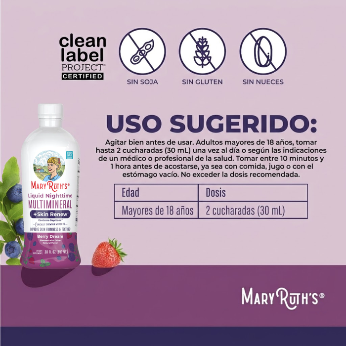 Multimineral Nocturno + Renovacion de Piel Sabor Frutos Rojos, Liquido 887 ml (30 fl oz), Mary Ruth's
