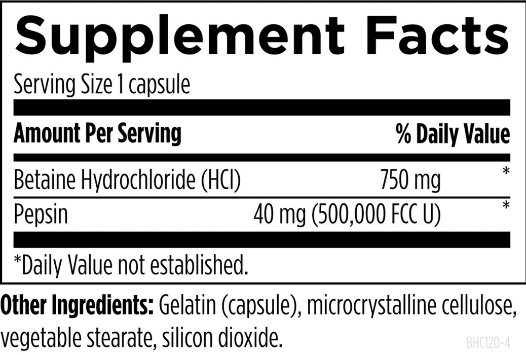 Betaina HCl 750 mg con Pepsina (120 caps), Designs for Health