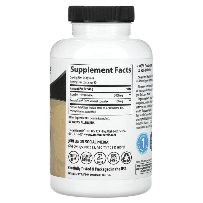 OFERTA 50% Higado de Res 500 mg, Alimentado con Pasto (180 caps), Trace Minerals