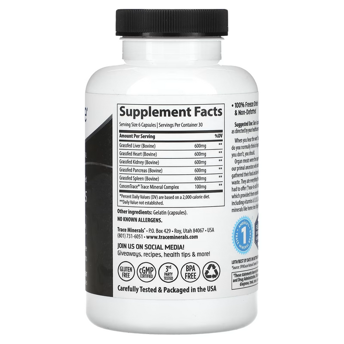OFERTA 50% Organos de Res Alimentado con Pasto (180 caps), Trace Minerals