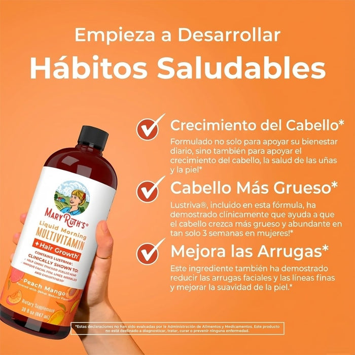 Multivitaminico Matutino + Crecimiento del Cabello Sabor Durazno-Mango, Liquido 887 ml (30 fl oz), Mary Ruth's