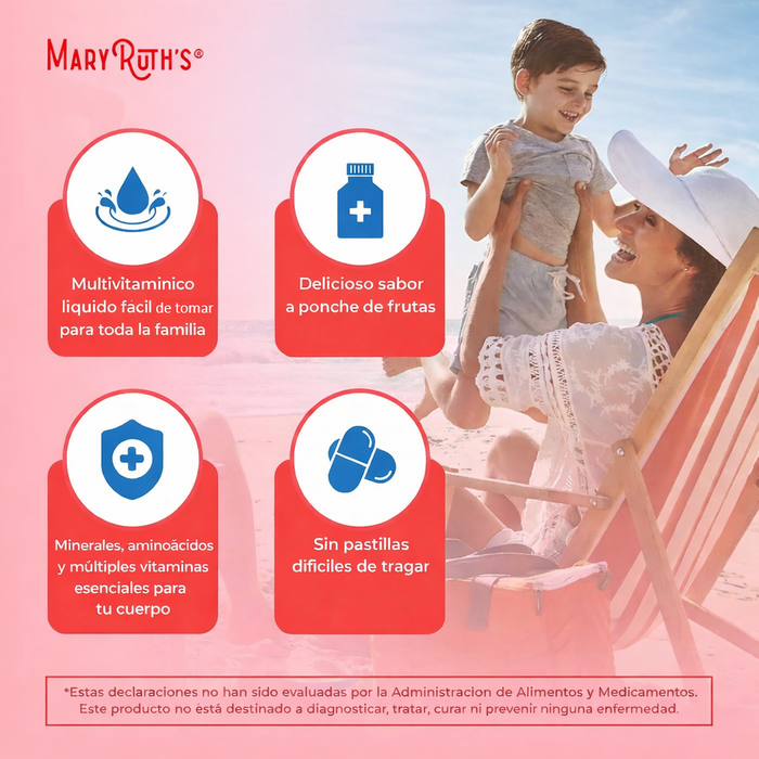 Multivitaminico Matutino Sabor Ponche de Frutas sin Azucar, Liquido 946 ml (32 fl oz), Mary Ruth's
