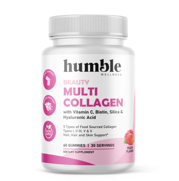 Colageno Multiple + Biotina + Vitamina C+ Silica + Acido Hialuronico (60 gomitas), Humble