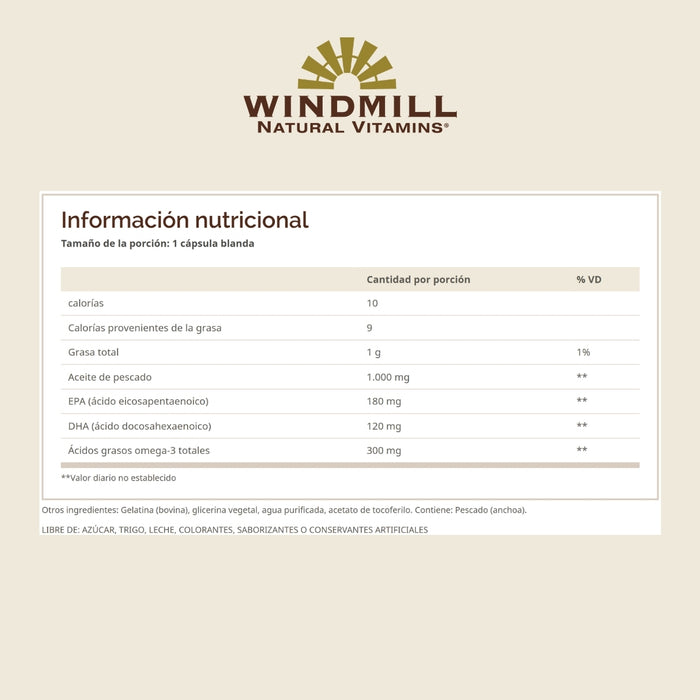 Omega-3 1000 mg EPA y DHA (180 softgels), Windmill