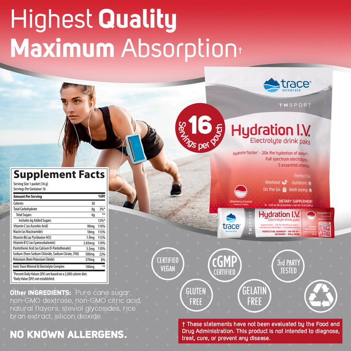 Hidratación I.V. Electrolito Sabor Fresa Coco (16packs de 0.56 oz), Trace Minerals