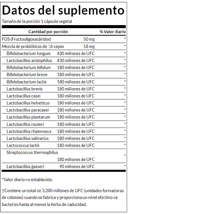 Probiotico Definitivo de 16 Cepas con FOS 3.2 Billion CFU (60 veg caps), Swanson